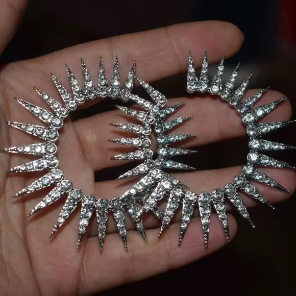 Lux! Silver Spike Rhinestone Hoop Earring – 40mm Statement Sparkle Circle - Picture 4 of 14